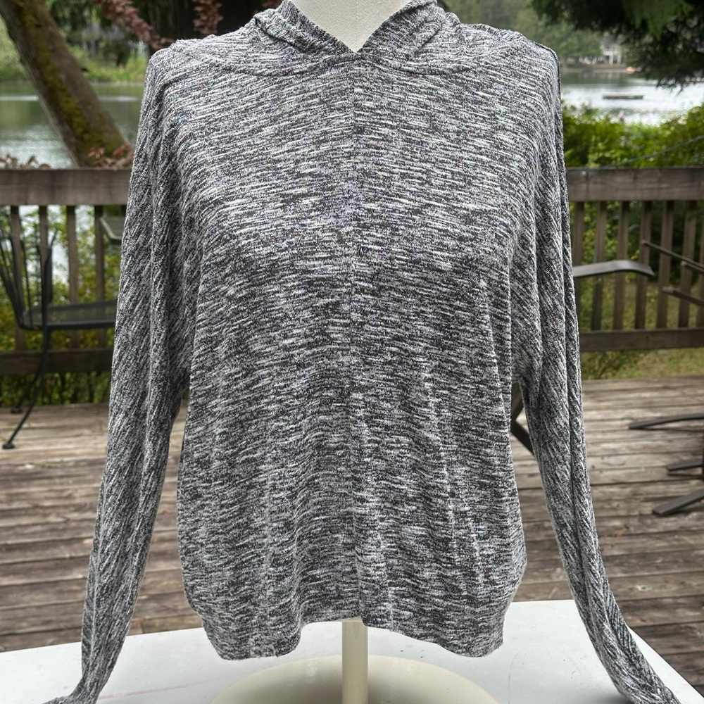 Gray and White Hooded Long Sleeve Top